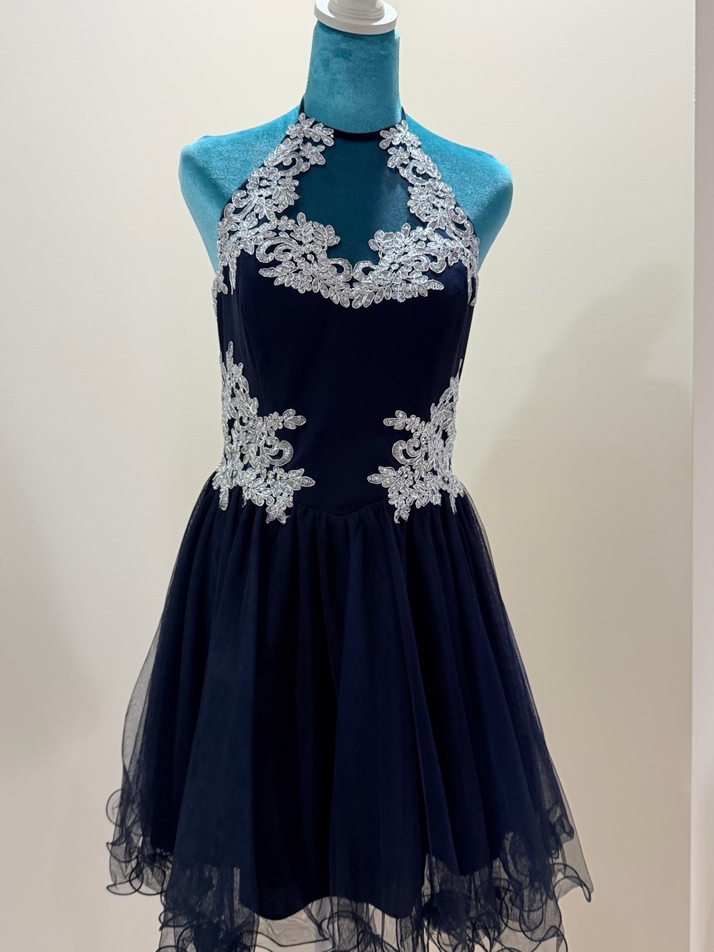 Blondie Nites Navy Halter Dress with Silver Appliqué